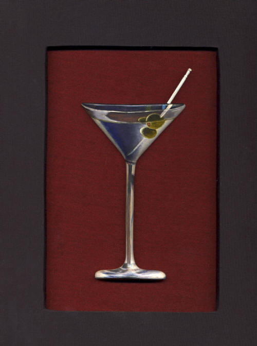 Art Menu Cover featuring a 3 dimensional hand painted carved wood martini glass